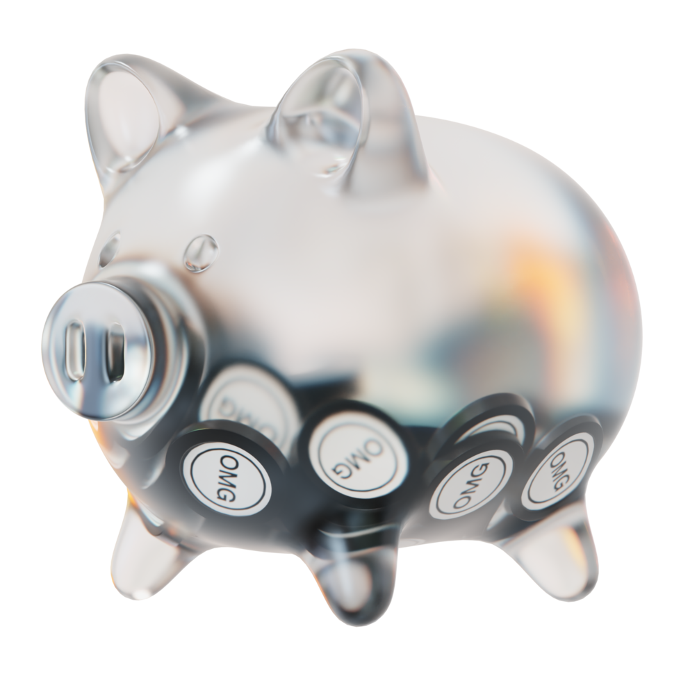 OMG Network OMG Clear Glass piggy bank with decreasing piles of crypto coins png