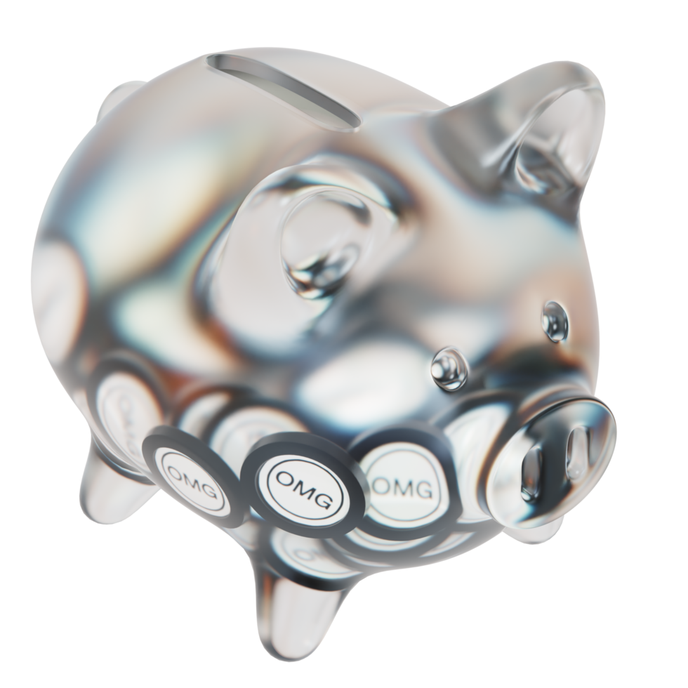 OMG Network OMG Clear Glass piggy bank with decreasing piles of crypto coins png