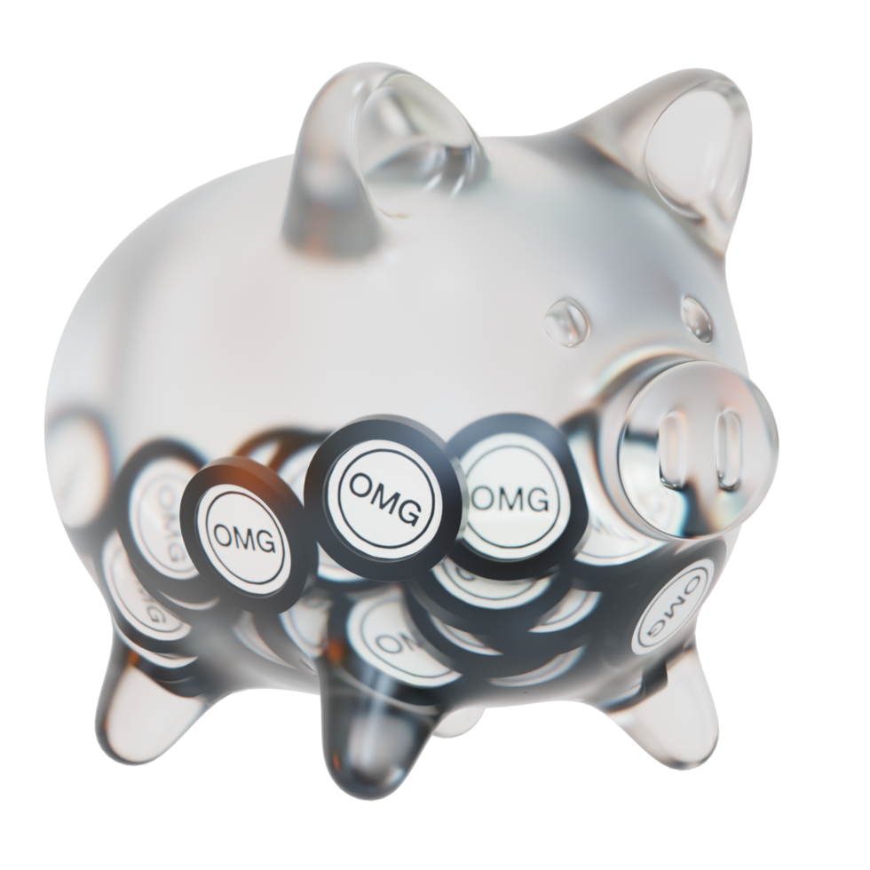OMG Network OMG Clear Glass piggy bank with decreasing piles of crypto coins png