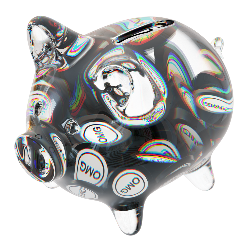 OMG Network OMG Clear Glass piggy bank with decreasing piles of crypto coins png