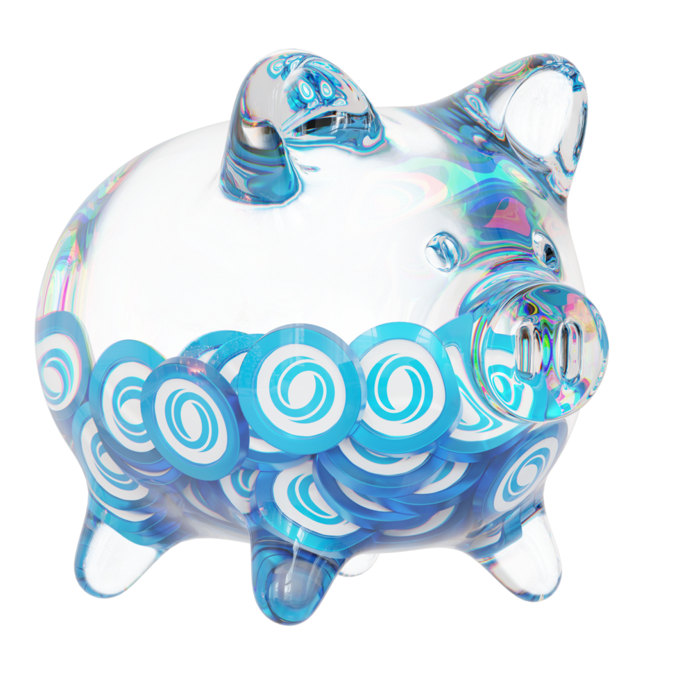 Oasis Network ROSE Clear Glass piggy bank with decreasing piles of crypto coins png
