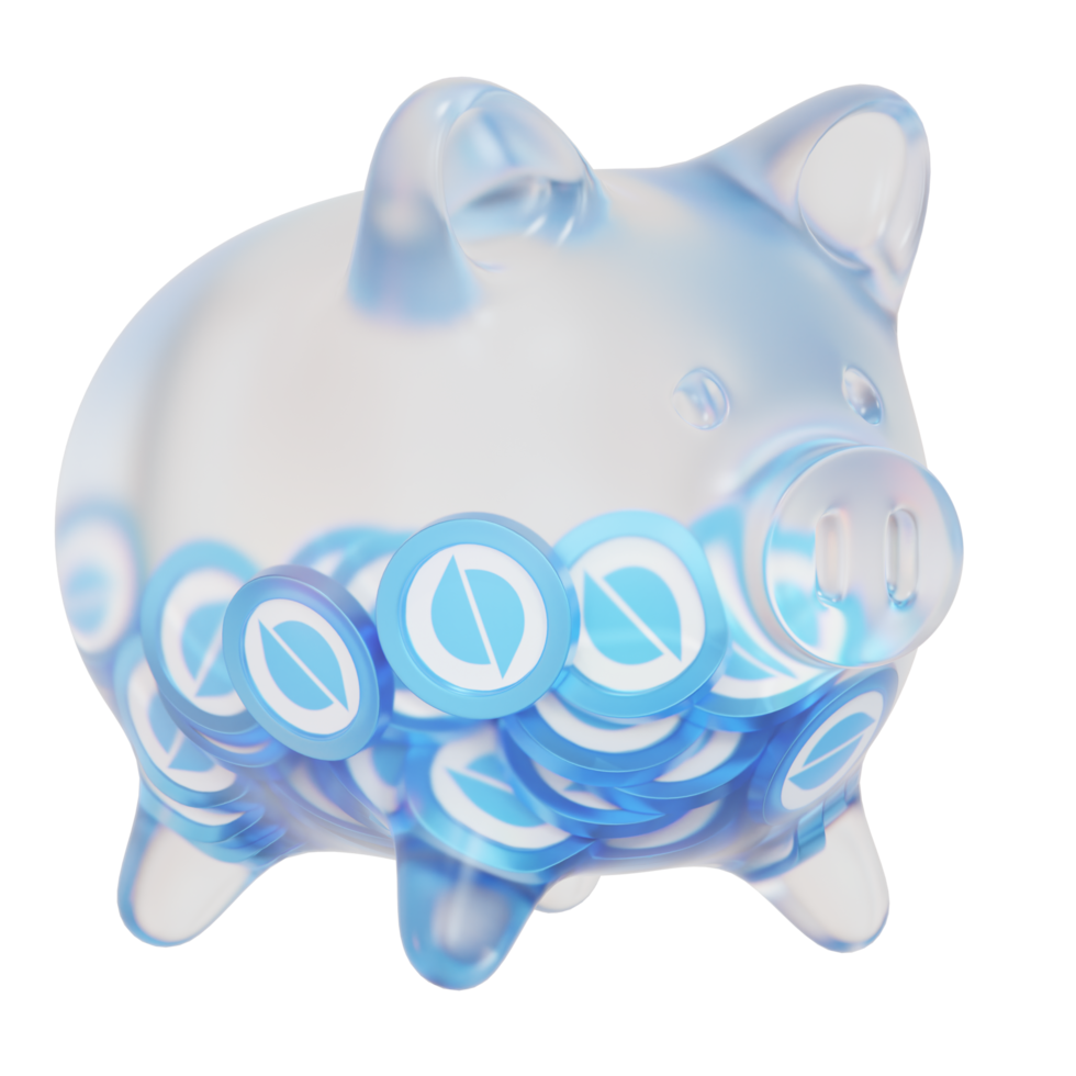 Ontology ONT Clear Glass piggy bank with decreasing piles of crypto coins png