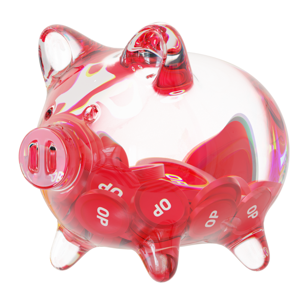 Optimism OP Clear Glass piggy bank with decreasing piles of crypto coins png