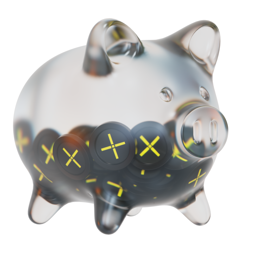 Pundi X PUNDIX Clear Glass piggy bank with decreasing piles of crypto coins png