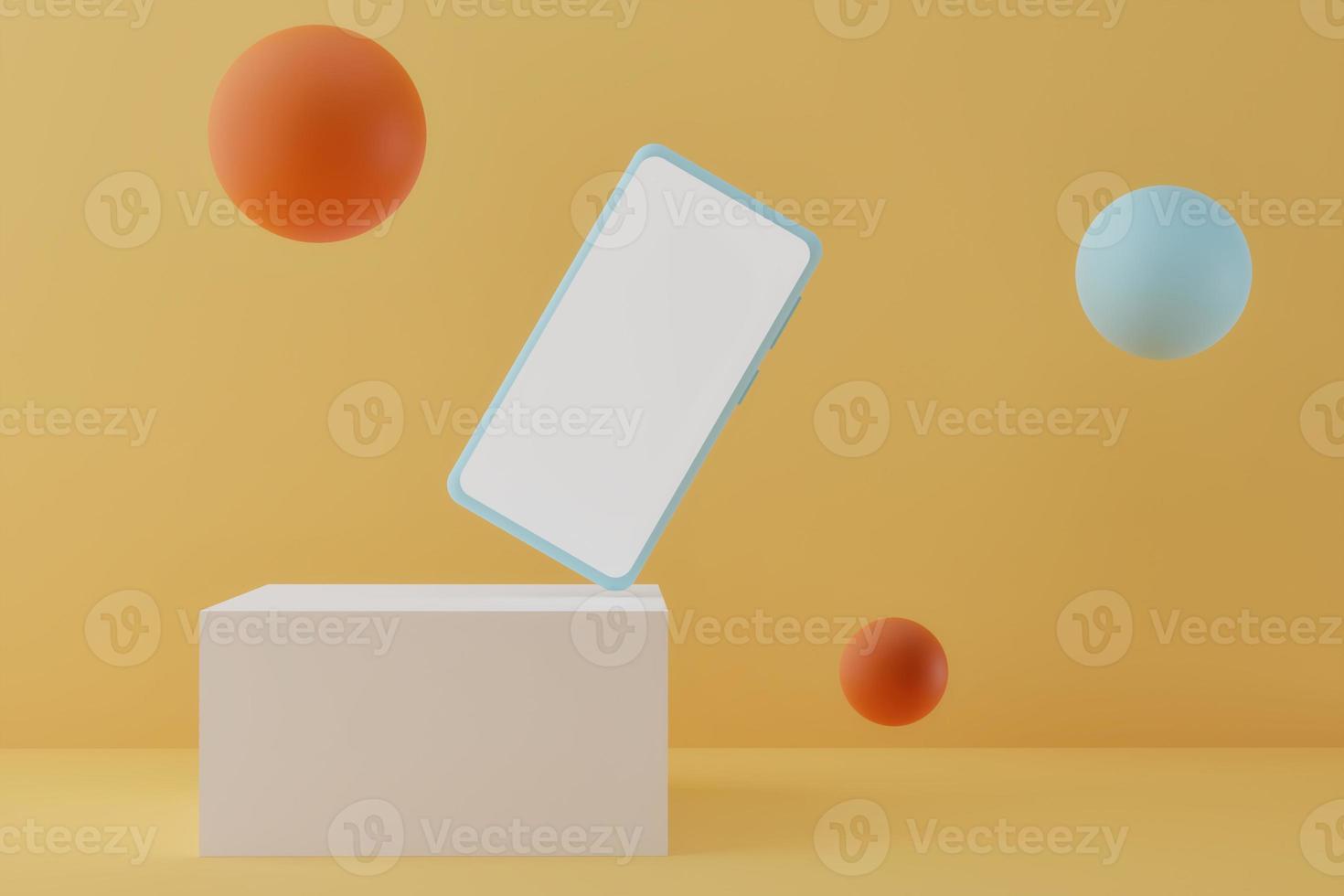 Modern smartphone on podium with flying bubbles on pastel background, 3d render photo