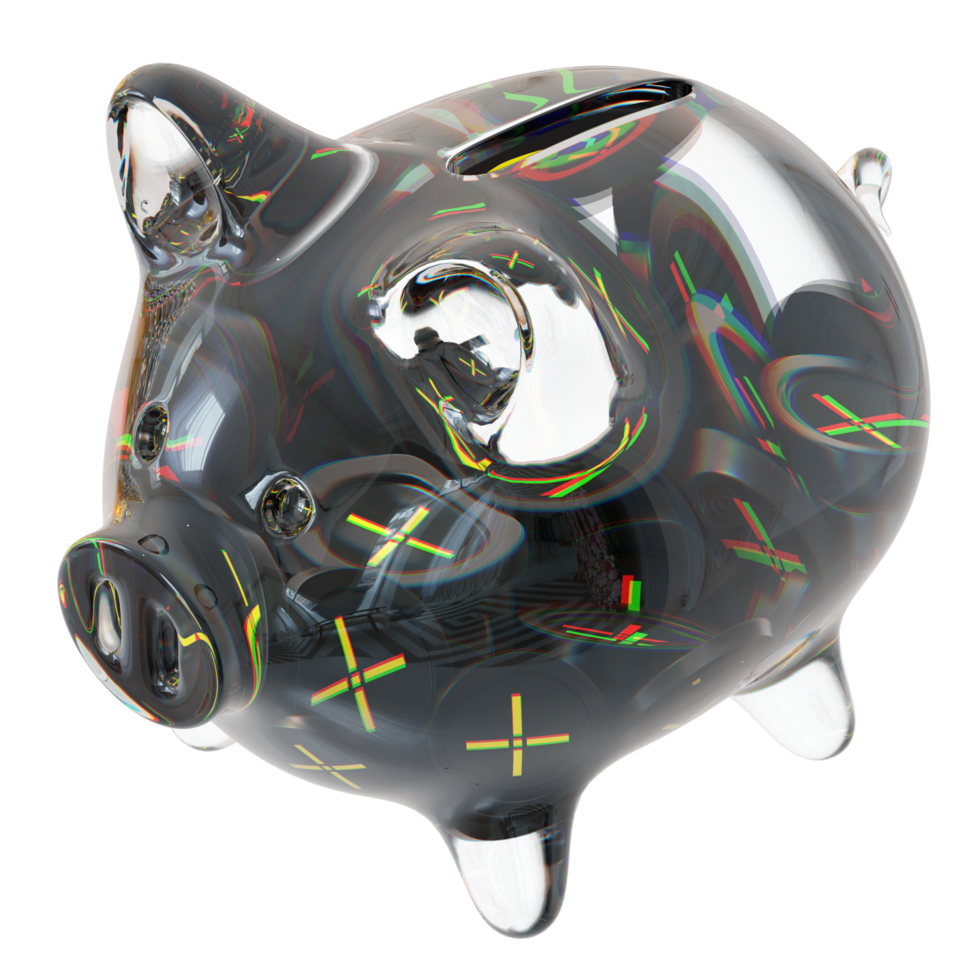 Pundi X PUNDIX Clear Glass piggy bank with decreasing piles of crypto coins png