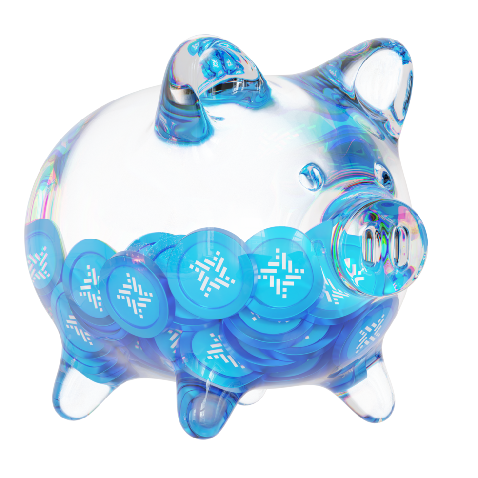 RSK Infrastructure Framework RIF Clear Glass piggy bank with decreasing piles of crypto coins png