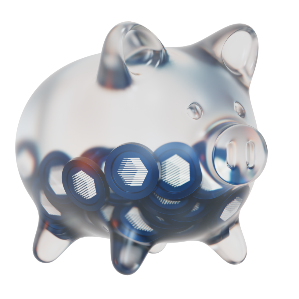 Ren REN Clear Glass piggy bank with decreasing piles of crypto coins png