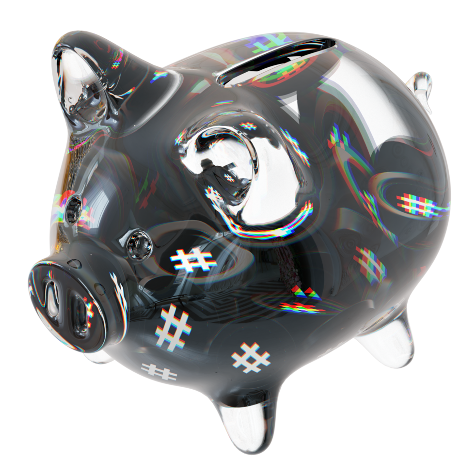 Reserve Rights RSR Clear Glass piggy bank with decreasing piles of crypto coins png