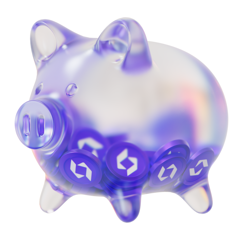 SafePal SFP Clear Glass piggy bank with decreasing piles of crypto coins png