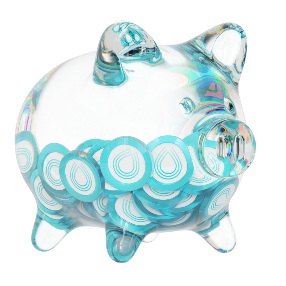 Serum SRM Clear Glass piggy bank with decreasing piles of crypto coins png