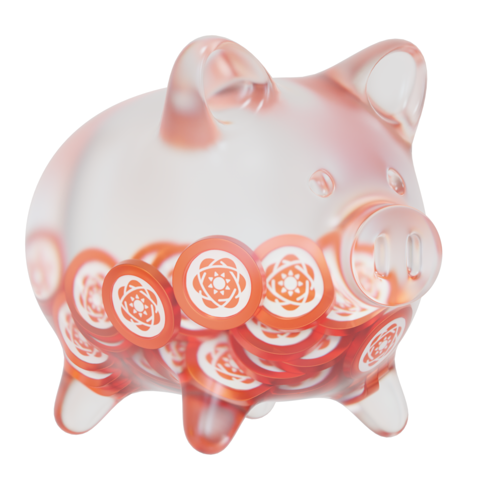 Solar SXP Clear Glass piggy bank with decreasing piles of crypto coins png