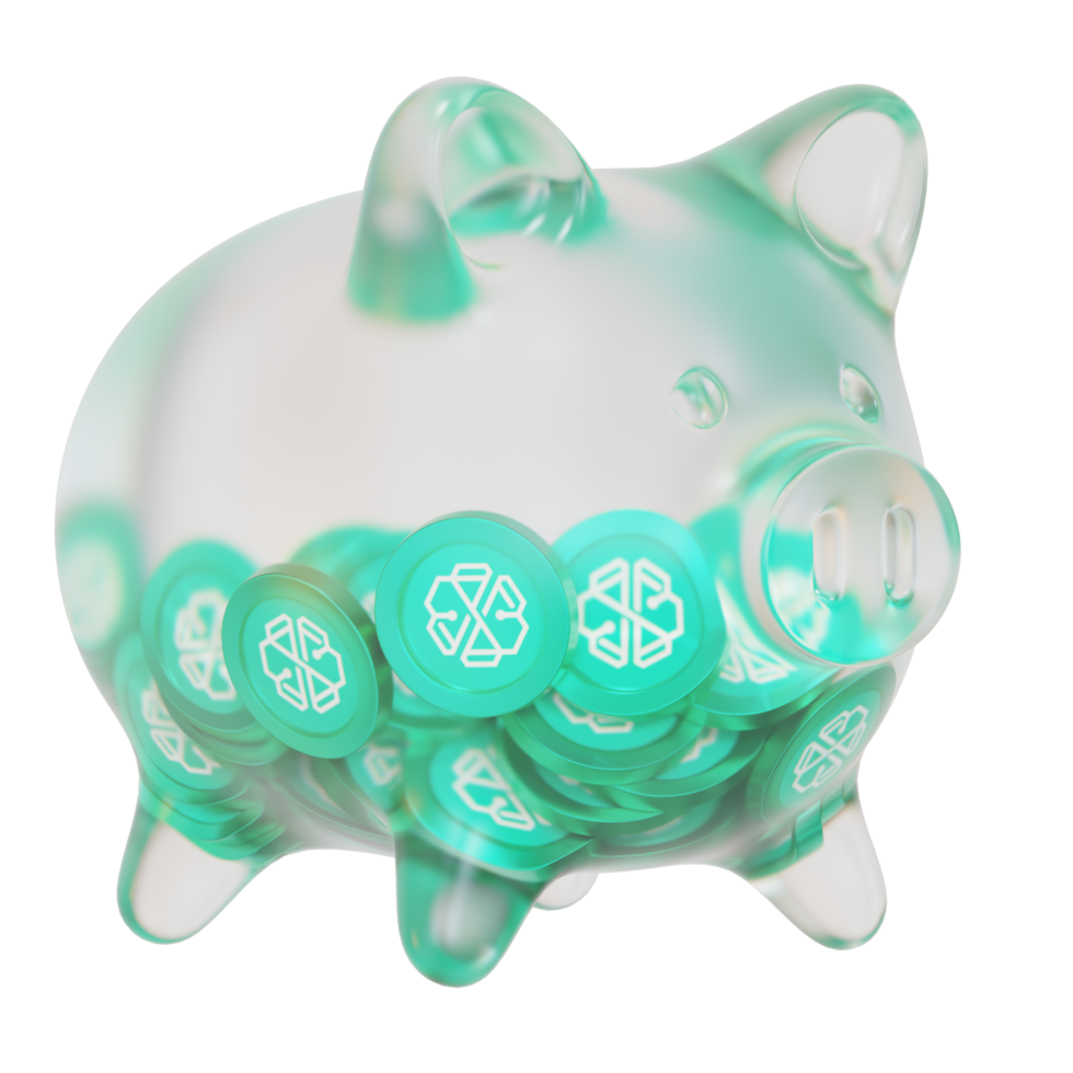 SwissBorg CHSB Clear Glass piggy bank with decreasing piles of crypto coins png