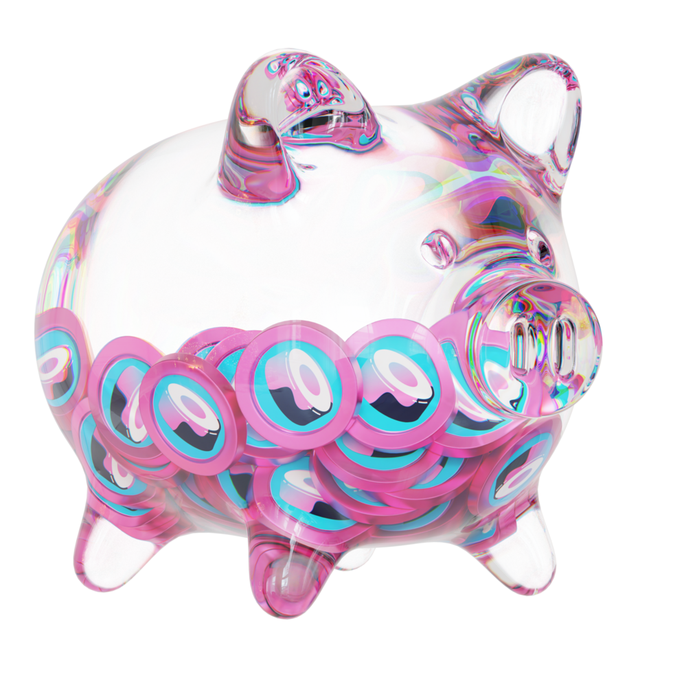 SushiSwap SUSHI Clear Glass piggy bank with decreasing piles of crypto coins png