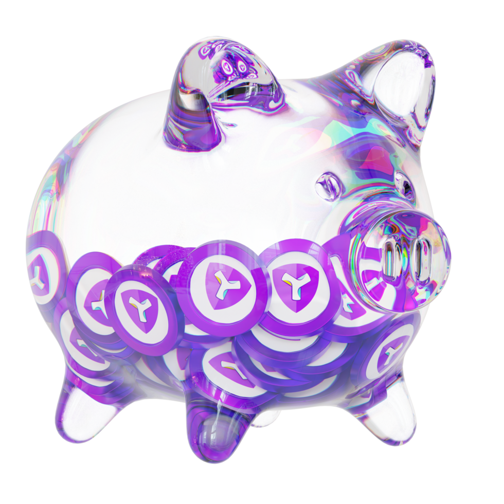 Symbol XYM Clear Glass piggy bank with decreasing piles of crypto coins png