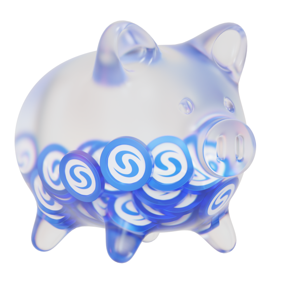 Syscoin SYS Clear Glass piggy bank with decreasing piles of crypto coins png