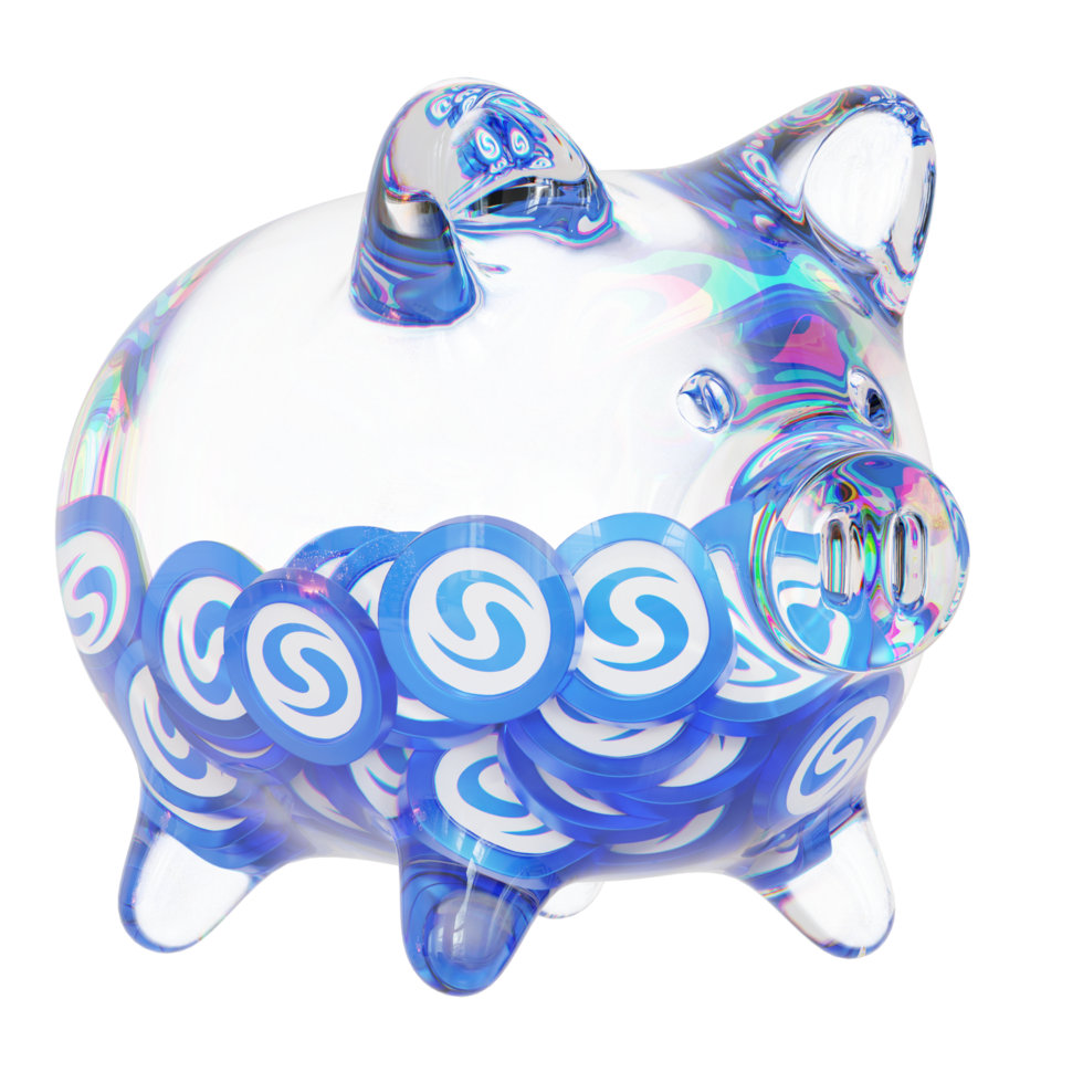 Syscoin SYS Clear Glass piggy bank with decreasing piles of crypto coins png