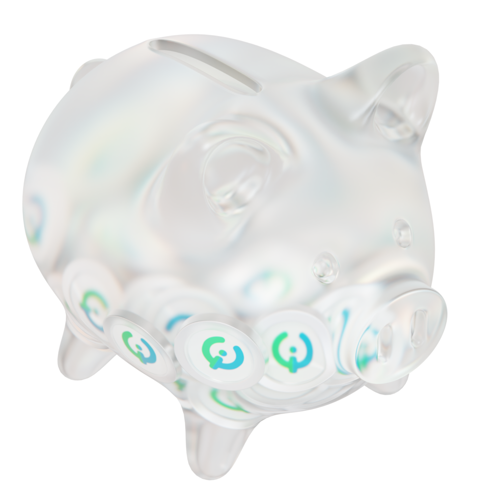 Toko Token TKO Clear Glass piggy bank with decreasing piles of crypto coins png