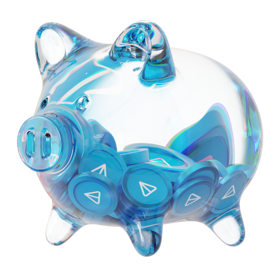 Tonmünze Tonne klar Glas Schweinchen Bank mit abnehmend Haufen von Krypto Münzen png