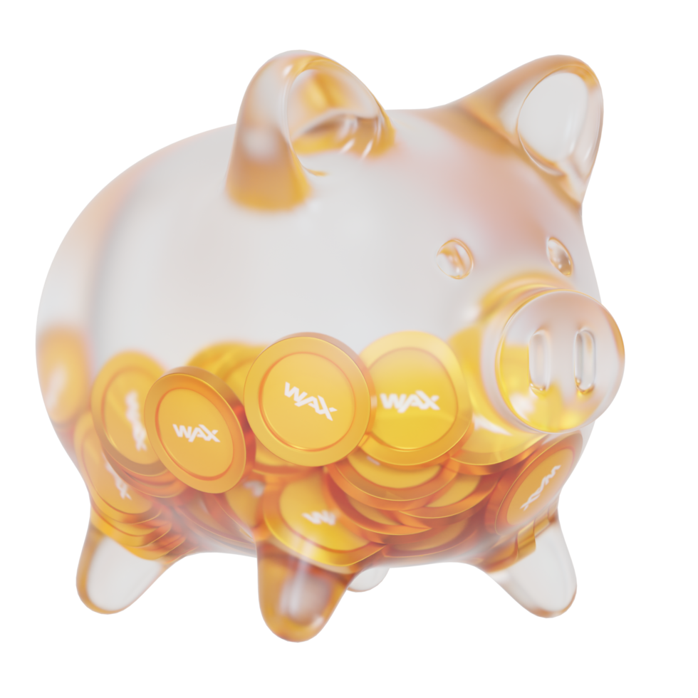 WAX WAXP Clear Glass piggy bank with decreasing piles of crypto coins png