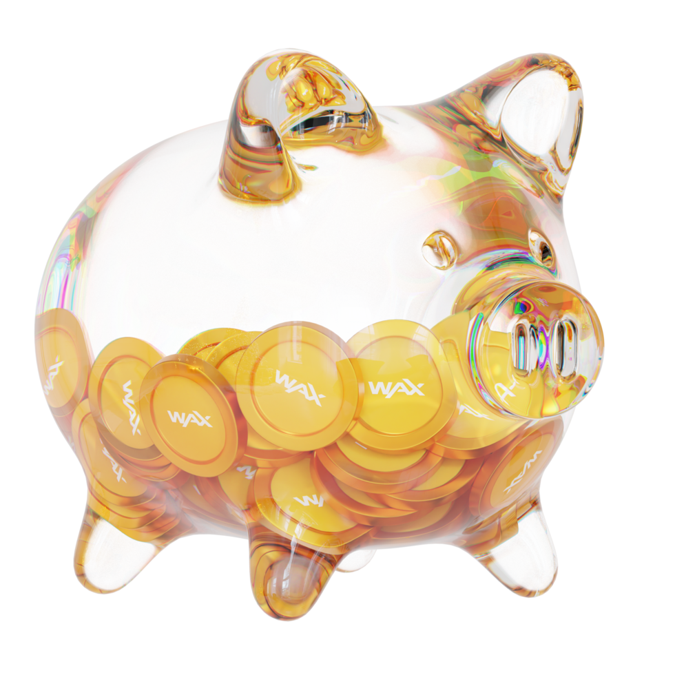 WAX WAXP Clear Glass piggy bank with decreasing piles of crypto coins png