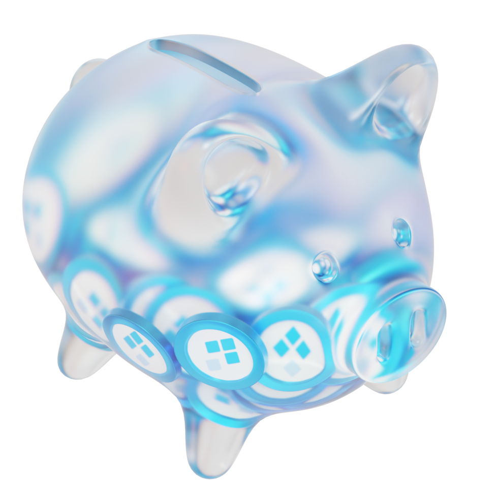 ssvnetwork SSV Clear Glass piggy bank with decreasing piles of crypto coins png