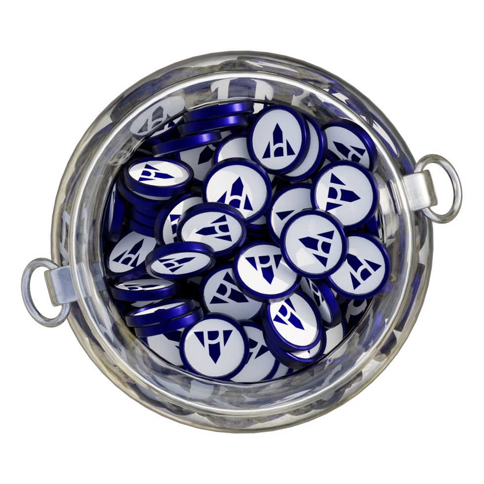 Alchemy Pay ACH in 3D crypto coin saving bank with stack coins on isolated background. save money financial earning management cost reduction deposit economy glass pot 3d render. illustration png