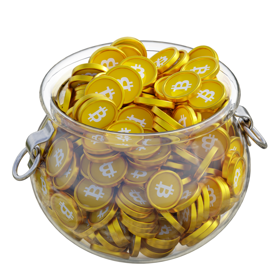 Bitcoin SV BSV in 3D crypto coin saving bank with stack coins on isolated background. save money financial earning management cost reduction deposit economy glass pot 3d render. illustration png