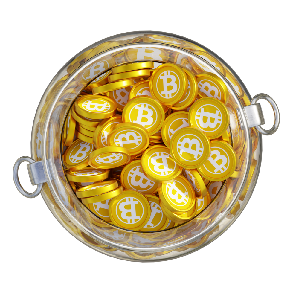 Bitcoin Gold BTG in 3D crypto coin saving bank with stack coins on isolated background. save money financial earning management cost reduction deposit economy glass pot 3d render. illustration png