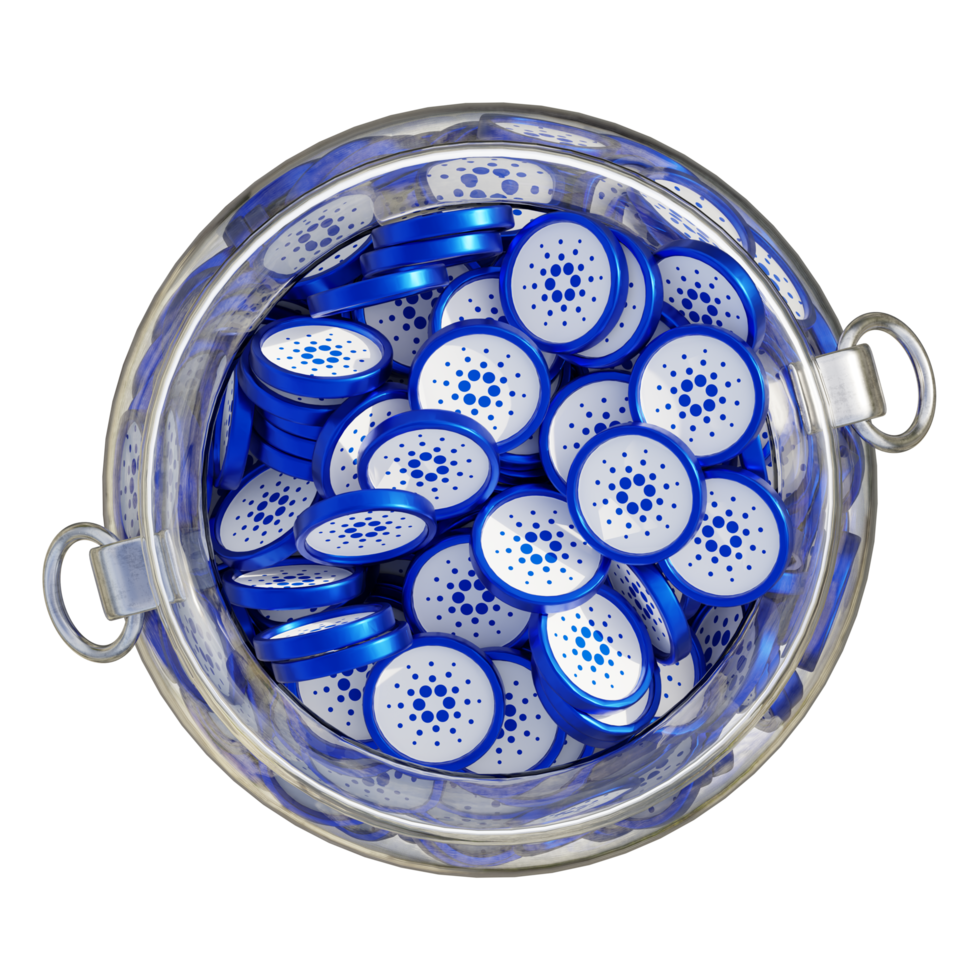 Cardano ADA in 3D crypto coin saving bank with stack coins on isolated background. save money financial earning management cost reduction deposit economy glass pot 3d render. illustration png