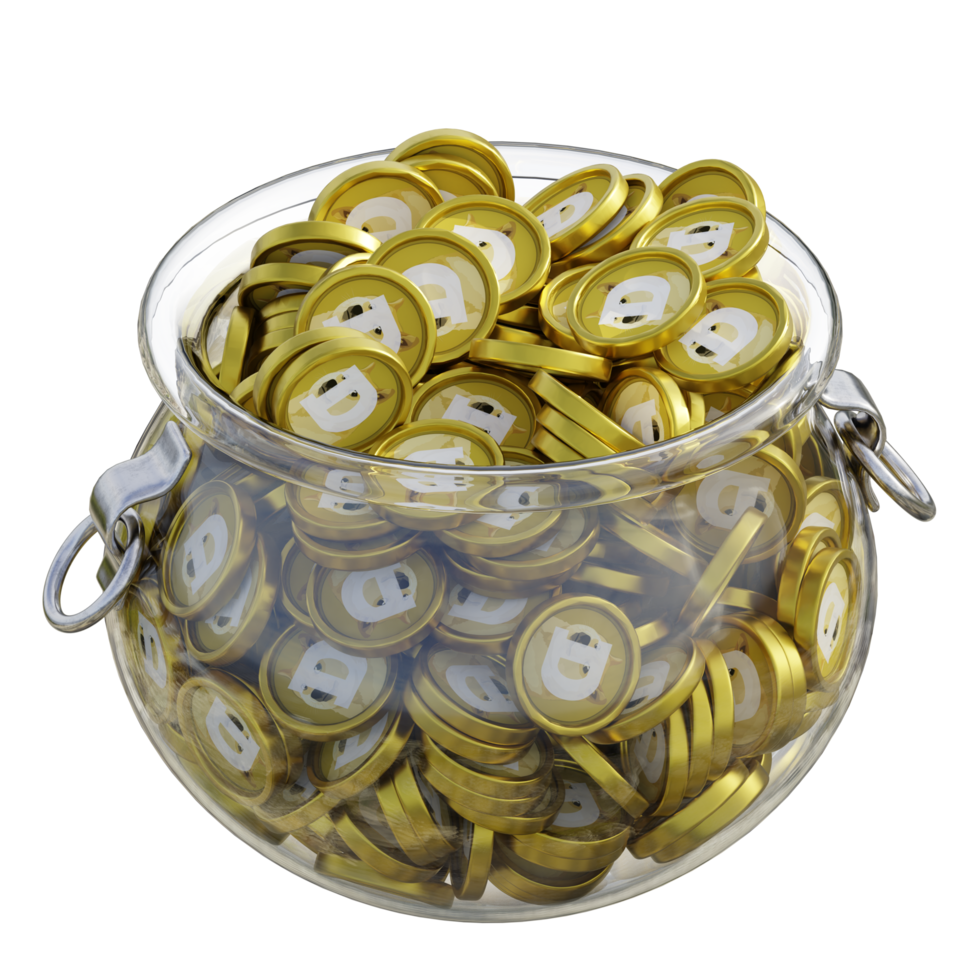Dogecoin DOGE in 3D crypto coin saving bank with stack coins on isolated background. save money financial earning management cost reduction deposit economy glass pot 3d render. illustration png