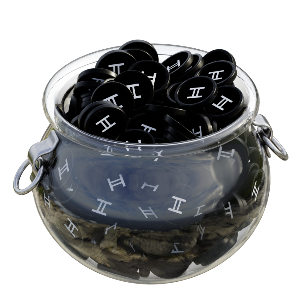 Hedera HBAR in 3D crypto coin saving bank with stack coins on isolated background. save money financial earning management cost reduction deposit economy glass pot 3d render. illustration png