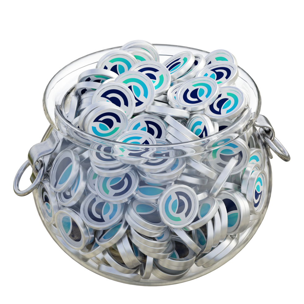 Horizen ZEN in 3D crypto coin saving bank with stack coins on isolated background. save money financial earning management cost reduction deposit economy glass pot 3d render. illustration png