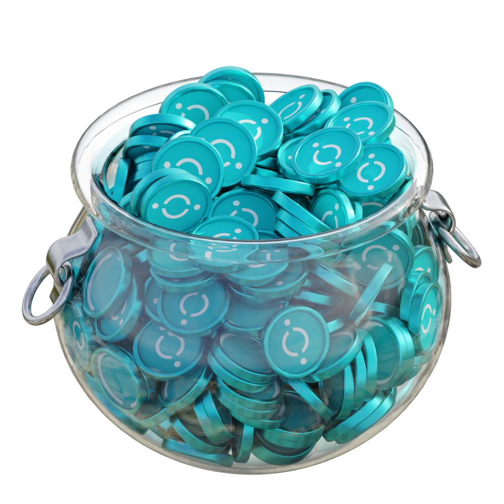 ICON ICX in 3D crypto coin saving bank with stack coins on isolated background. save money financial earning management cost reduction deposit economy glass pot 3d render. illustration png
