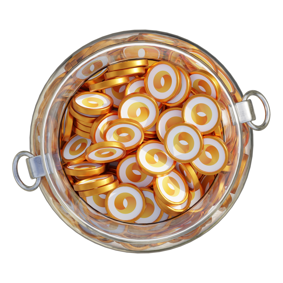 Merit Circle MC in 3D crypto coin saving bank with stack coins on isolated background. save money financial earning management cost reduction deposit economy glass pot 3d render. illustration png