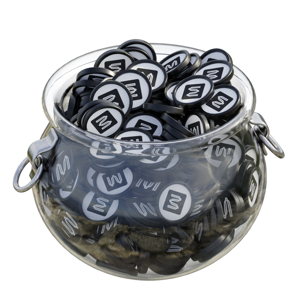 Mina in 3D crypto coin saving bank with stack coins on isolated background. save money financial earning management cost reduction deposit economy glass pot 3d render. illustration png