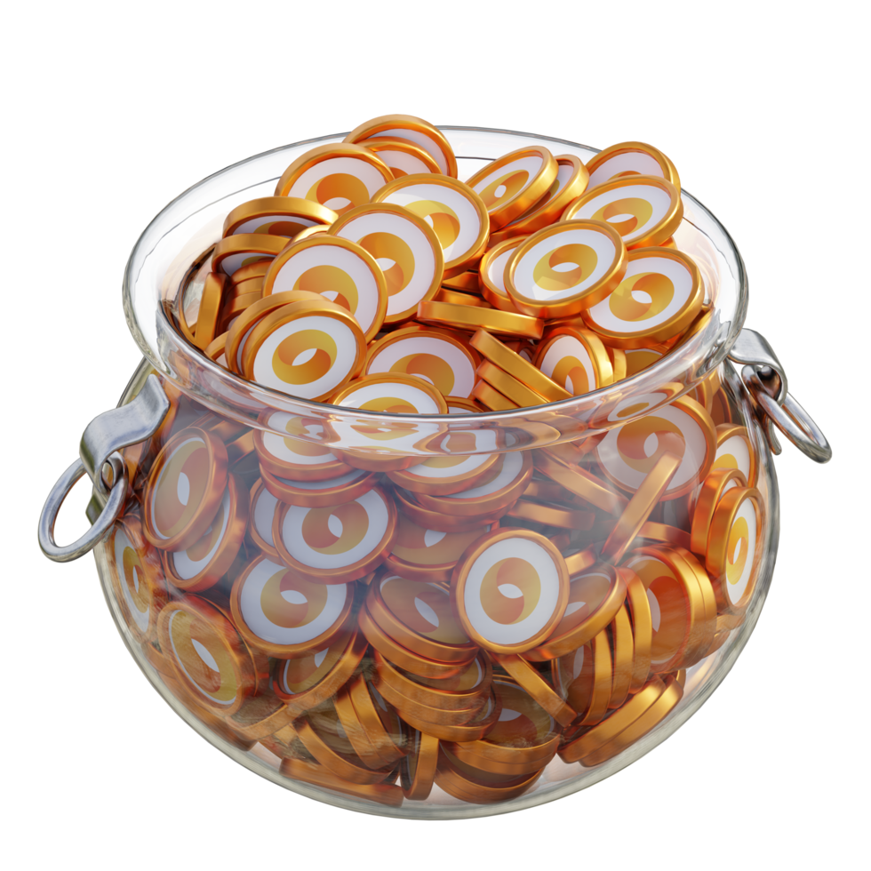 Merit Circle MC in 3D crypto coin saving bank with stack coins on isolated background. save money financial earning management cost reduction deposit economy glass pot 3d render. illustration png