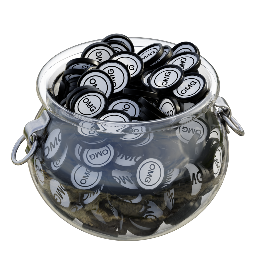 OMG Network OMG in 3D crypto coin saving bank with stack coins on isolated background. save money financial earning management cost reduction deposit economy glass pot 3d render. illustration png