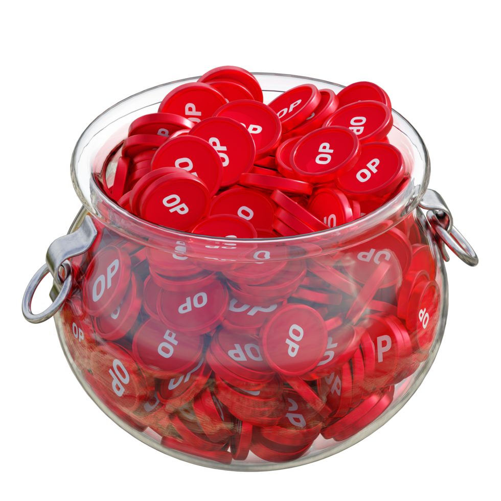 Optimism OP in 3D crypto coin saving bank with stack coins on isolated background. save money financial earning management cost reduction deposit economy glass pot 3d render. illustration png