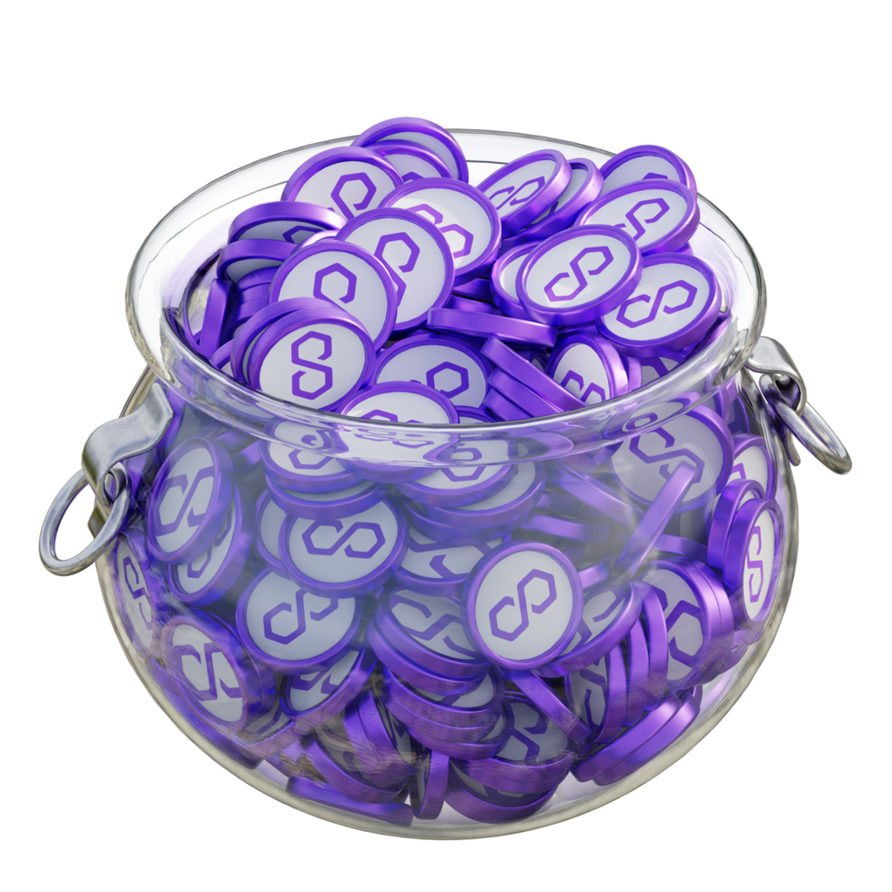 Polygon MATIC in 3D crypto coin saving bank with stack coins on isolated background. save money financial earning management cost reduction deposit economy glass pot 3d render. illustration png