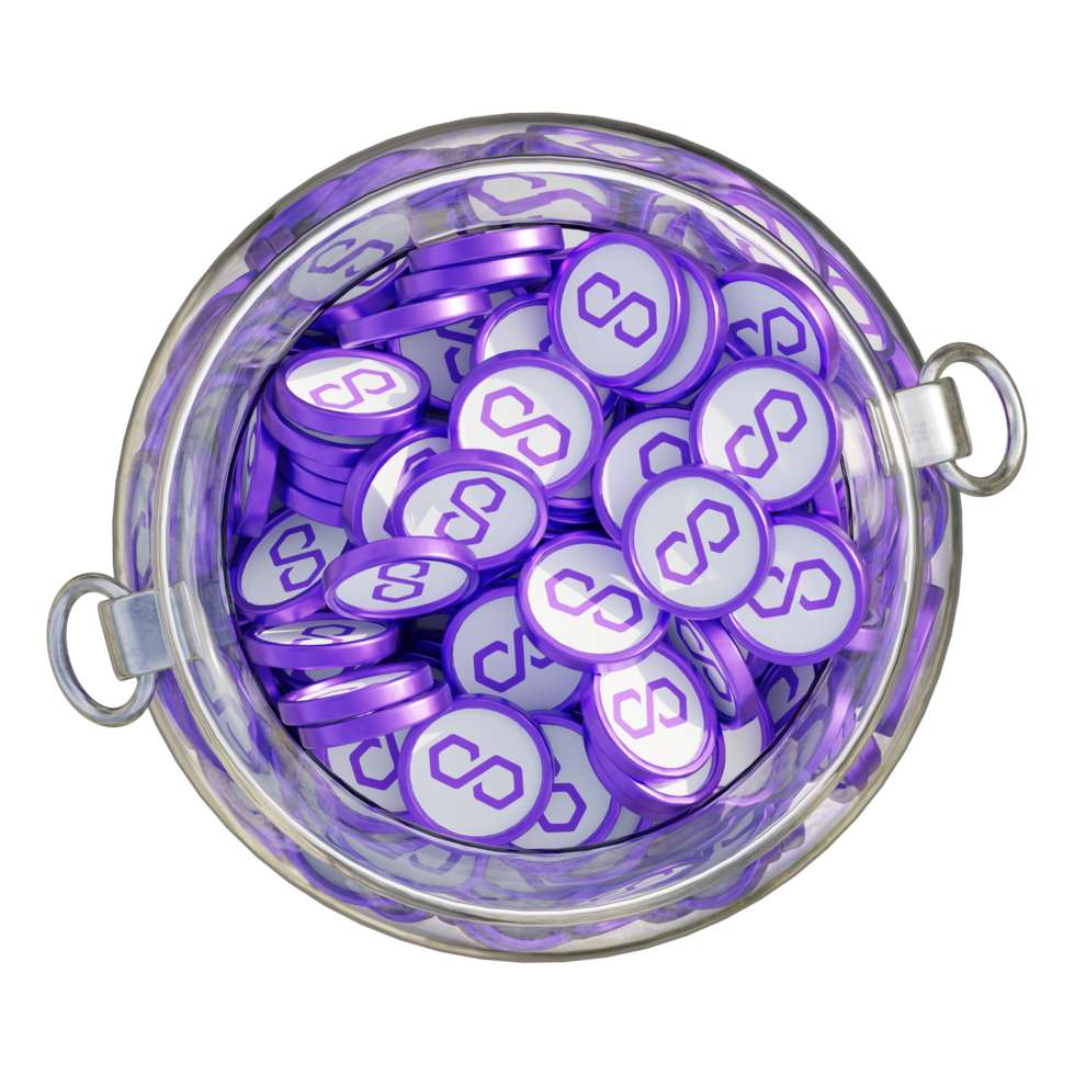 Polygon MATIC in 3D crypto coin saving bank with stack coins on isolated background. save money financial earning management cost reduction deposit economy glass pot 3d render. illustration png