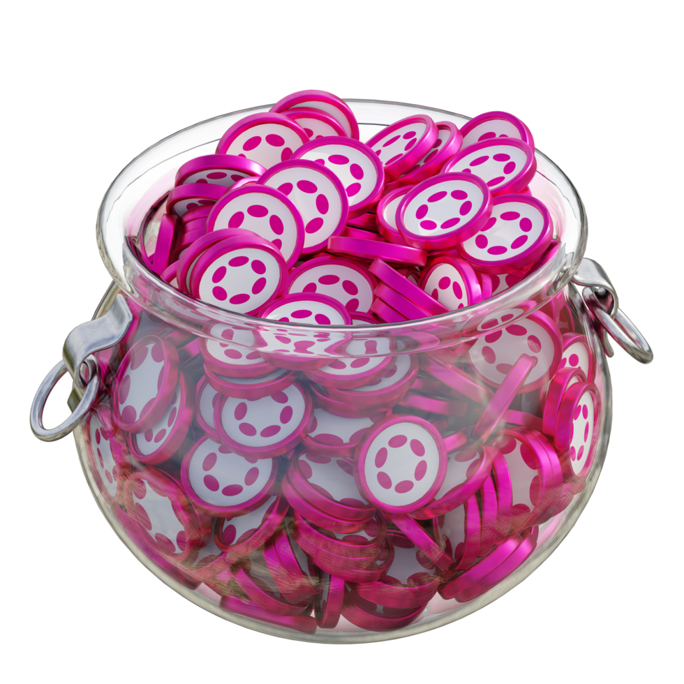 Polkadot DOT in 3D crypto coin saving bank with stack coins on isolated background. save money financial earning management cost reduction deposit economy glass pot 3d render. illustration png