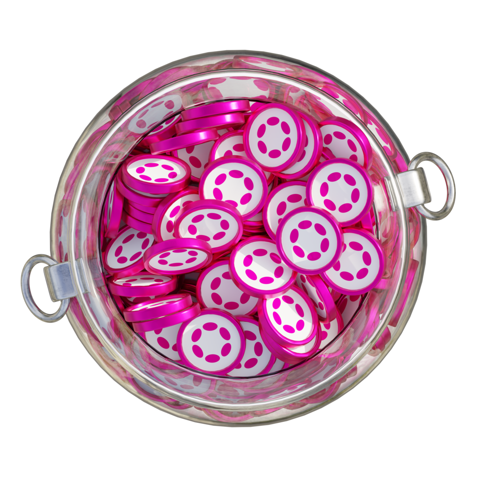 Polkadot DOT in 3D crypto coin saving bank with stack coins on isolated background. save money financial earning management cost reduction deposit economy glass pot 3d render. illustration png
