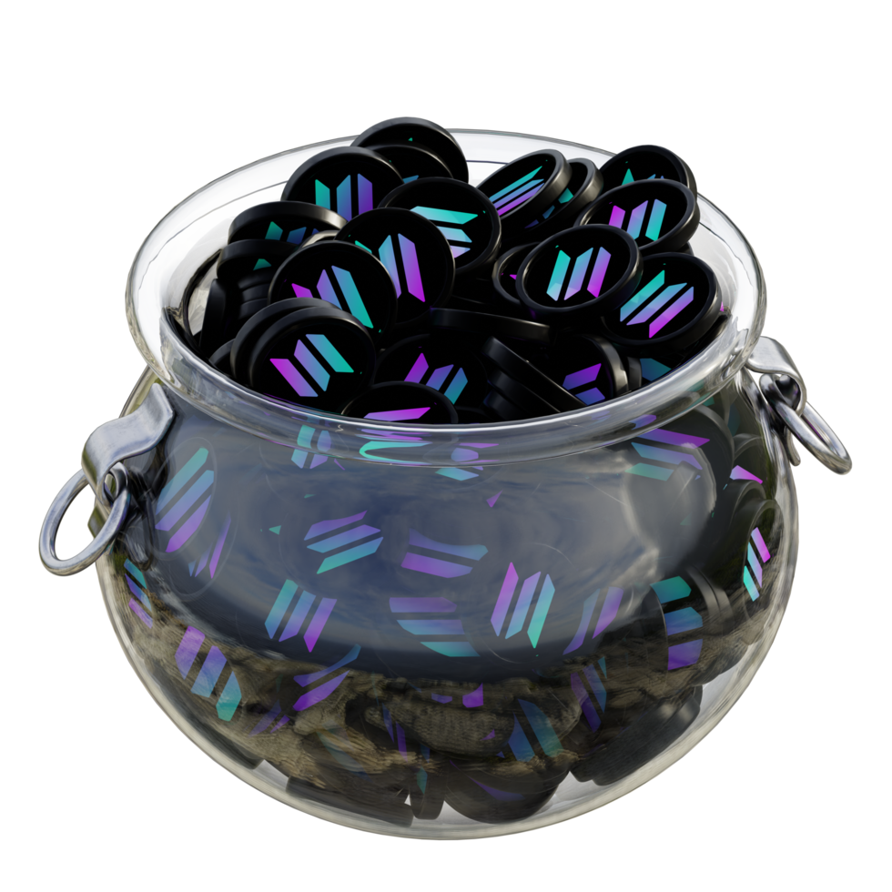 Solana SOL in 3D crypto coin saving bank with stack coins on isolated background. save money financial earning management cost reduction deposit economy glass pot 3d render. illustration png