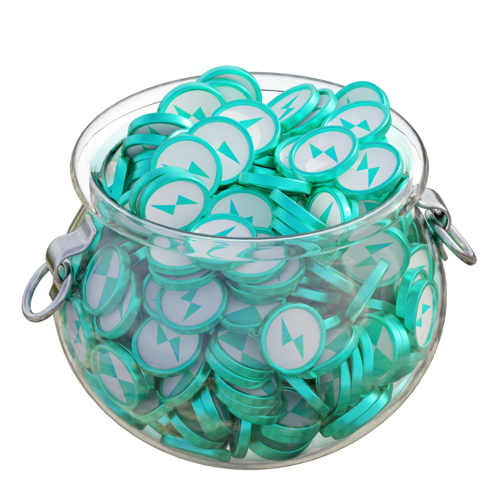 THORChain RUNE in 3D crypto coin saving bank with stack coins on isolated background. save money financial earning management cost reduction deposit economy glass pot 3d render. illustration png