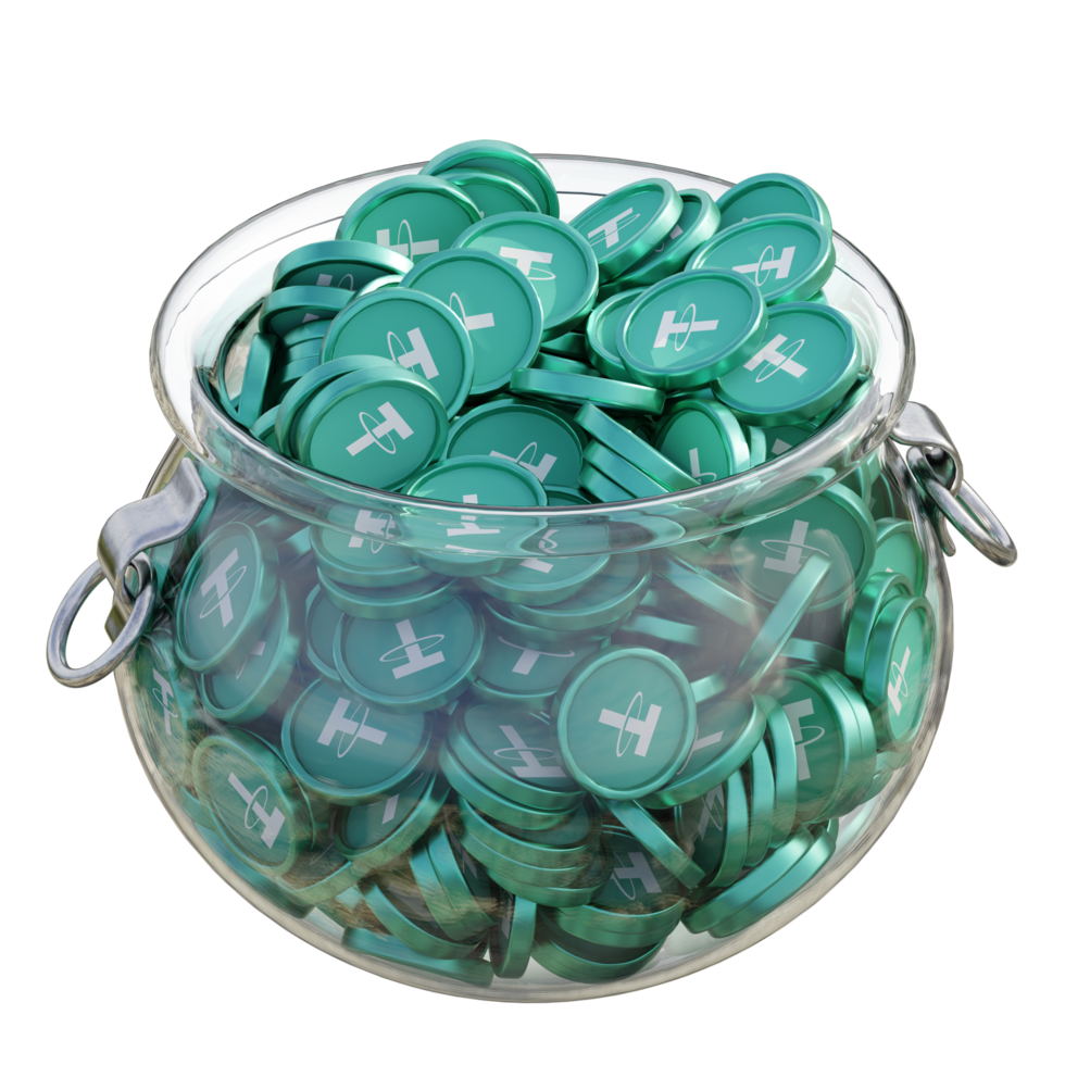 Tether USDT in 3D crypto coin saving bank with stack coins on isolated background. save money financial earning management cost reduction deposit economy glass pot 3d render. illustration png