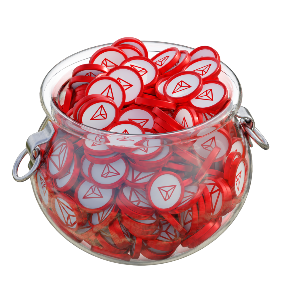 TRON TRX in 3D crypto coin saving bank with stack coins on isolated background. save money financial earning management cost reduction deposit economy glass pot 3d render. illustration png