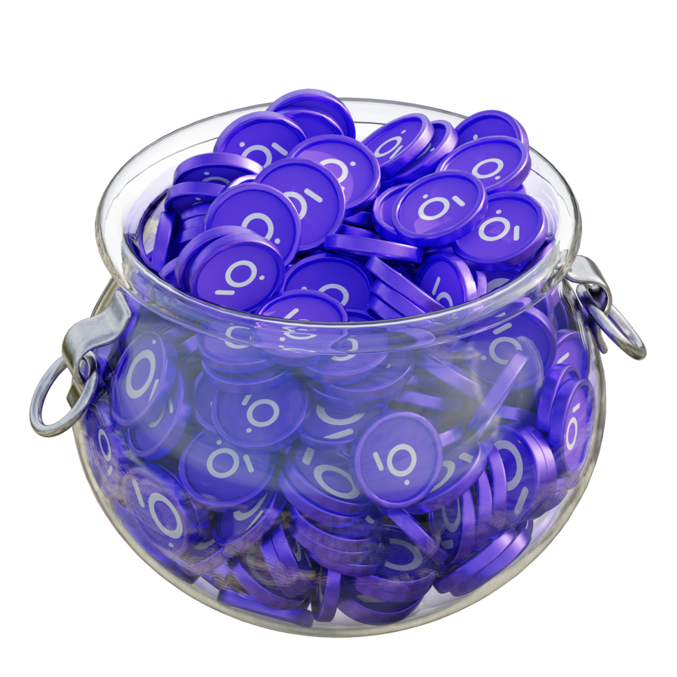 The Graph GRT in 3D crypto coin saving bank with stack coins on isolated background. save money financial earning management cost reduction deposit economy glass pot 3d render. illustration png