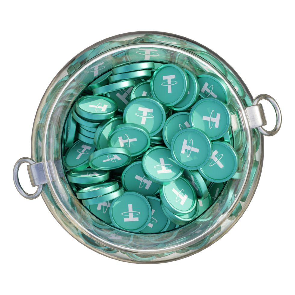 Tether USDT in 3D crypto coin saving bank with stack coins on isolated background. save money financial earning management cost reduction deposit economy glass pot 3d render. illustration png
