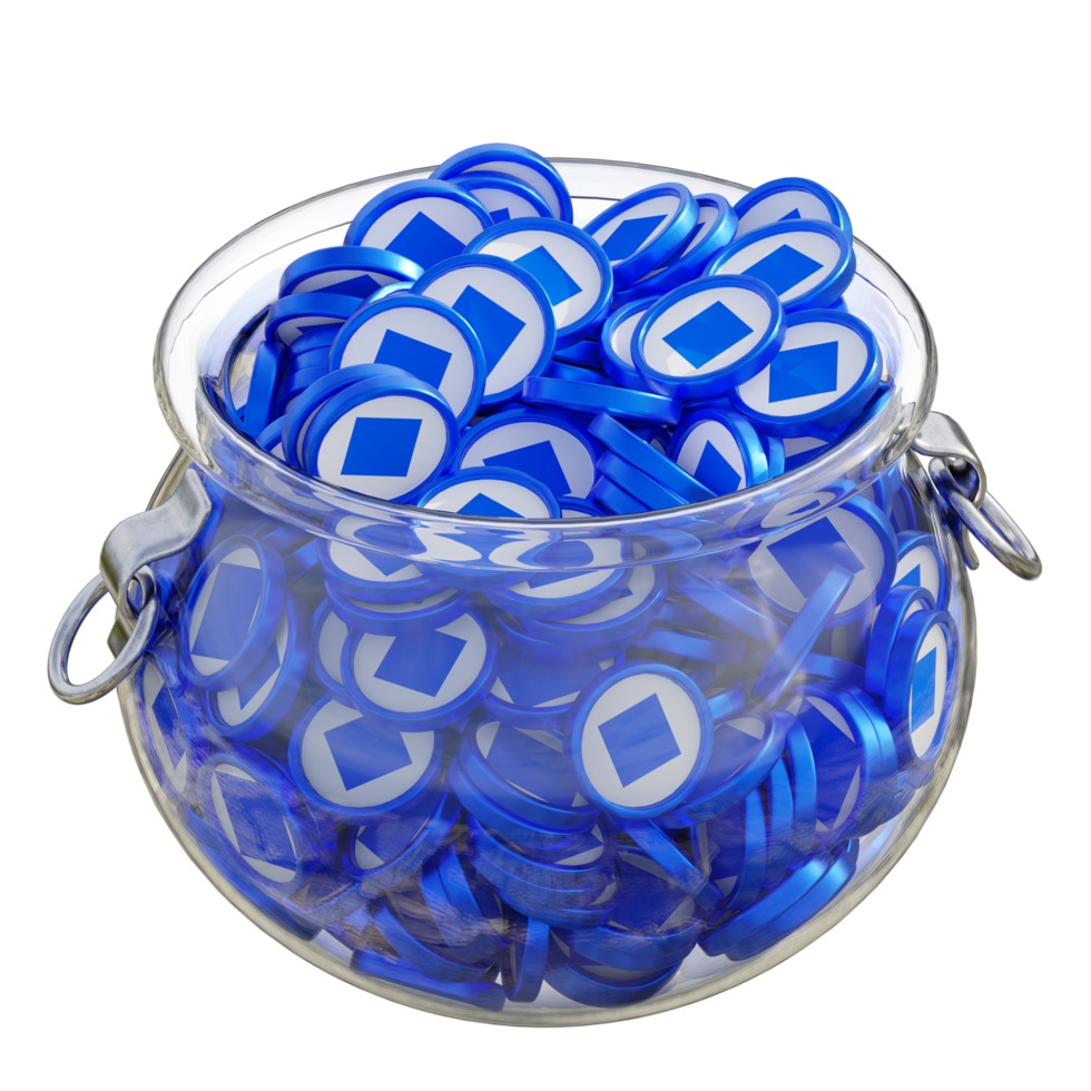 Waves in 3D crypto coin saving bank with stack coins on isolated background. save money financial earning management cost reduction deposit economy glass pot 3d render. illustration png